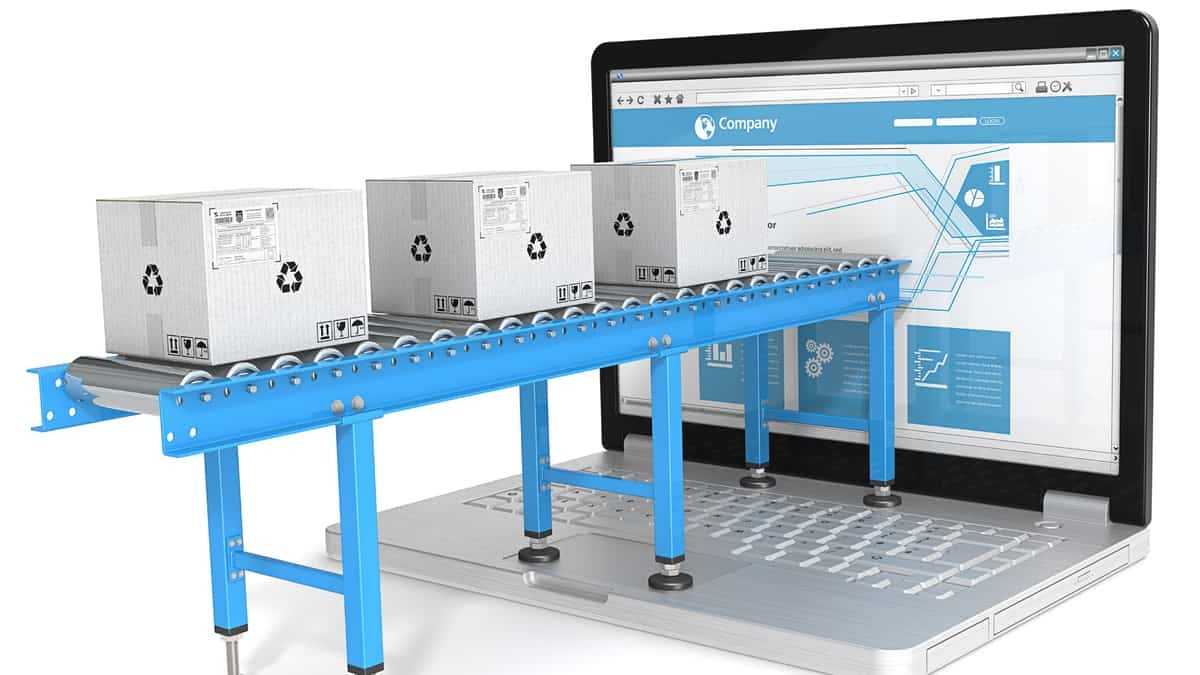 A graphic illustration of boxes coming out of a laptop screen to illustrate how an EDI system works. An EDI provider was targeted in a ransomware attack recently.