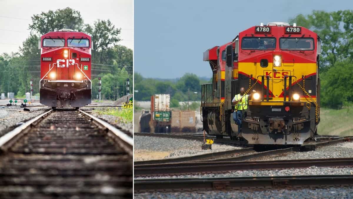 A composite image consisting of two photographs of train locomotives.