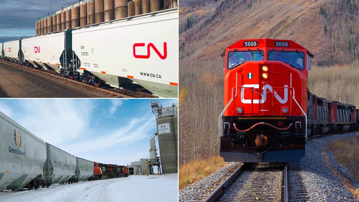 A composite image consisting of three photos. On the left are two photographs. Each are of a train of hopper rail cars. On the right is a photo of a CN locomotive.