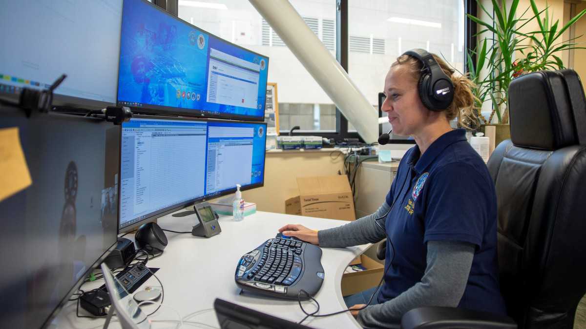 A nurse provides support via teleconference to a remote intensive care unit at Naval Medical Center San Diego’s Joint Tele-Critical Care Network in September. (Credit: Department of Defense/Luke Cunningham)