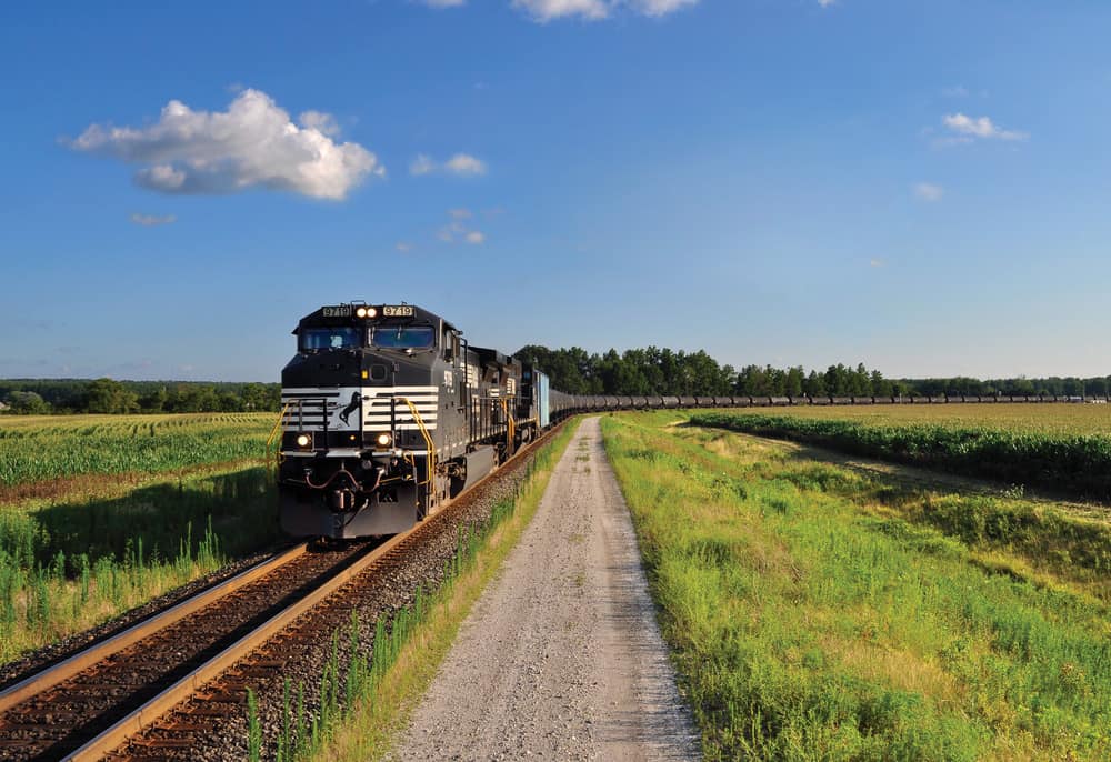 A photograph of a Norfolk Southern train rolling across a field.