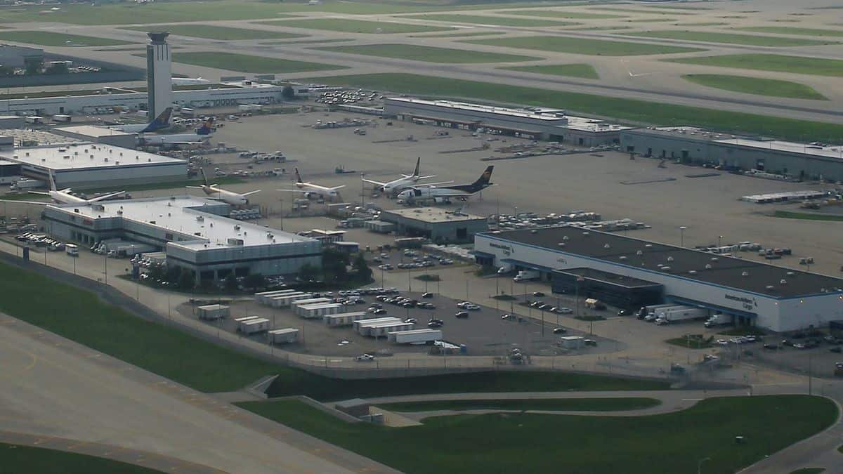 Aerial view of O'Hare Airport cargo terminal.