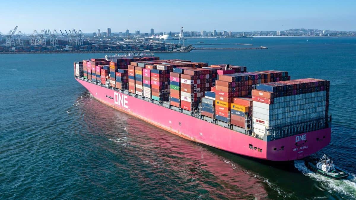 A large magenta colored ship with containers sails into port on a sunny day.