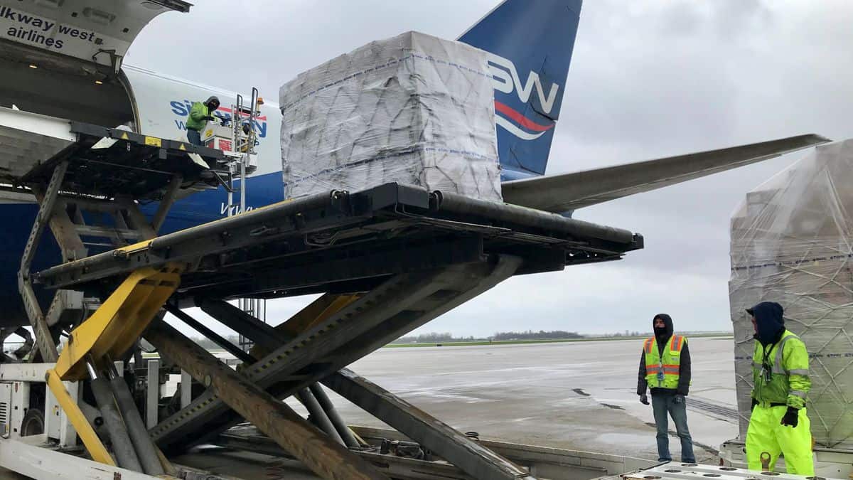 A hydraulic lift helps unload freight pallets from a cargo jet.