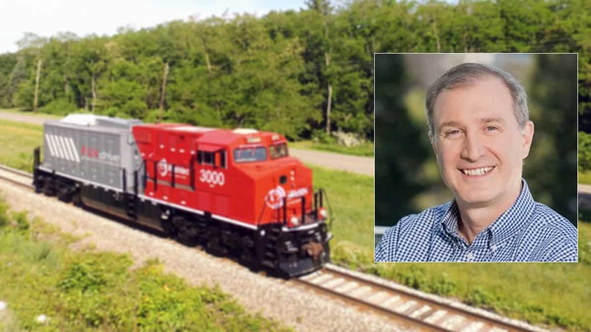 Two photographs. One is of a locomotive in a field and the other is of a man.