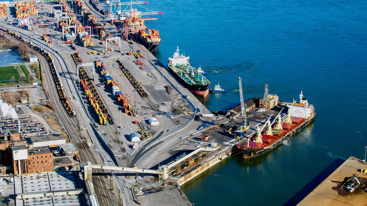 An aerial view of the Port of Montreal where a full strike will begin on Monday