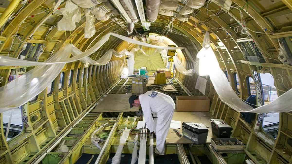 Inside the frame of a stripped down Boeing 737-800 being converted into a freighter.