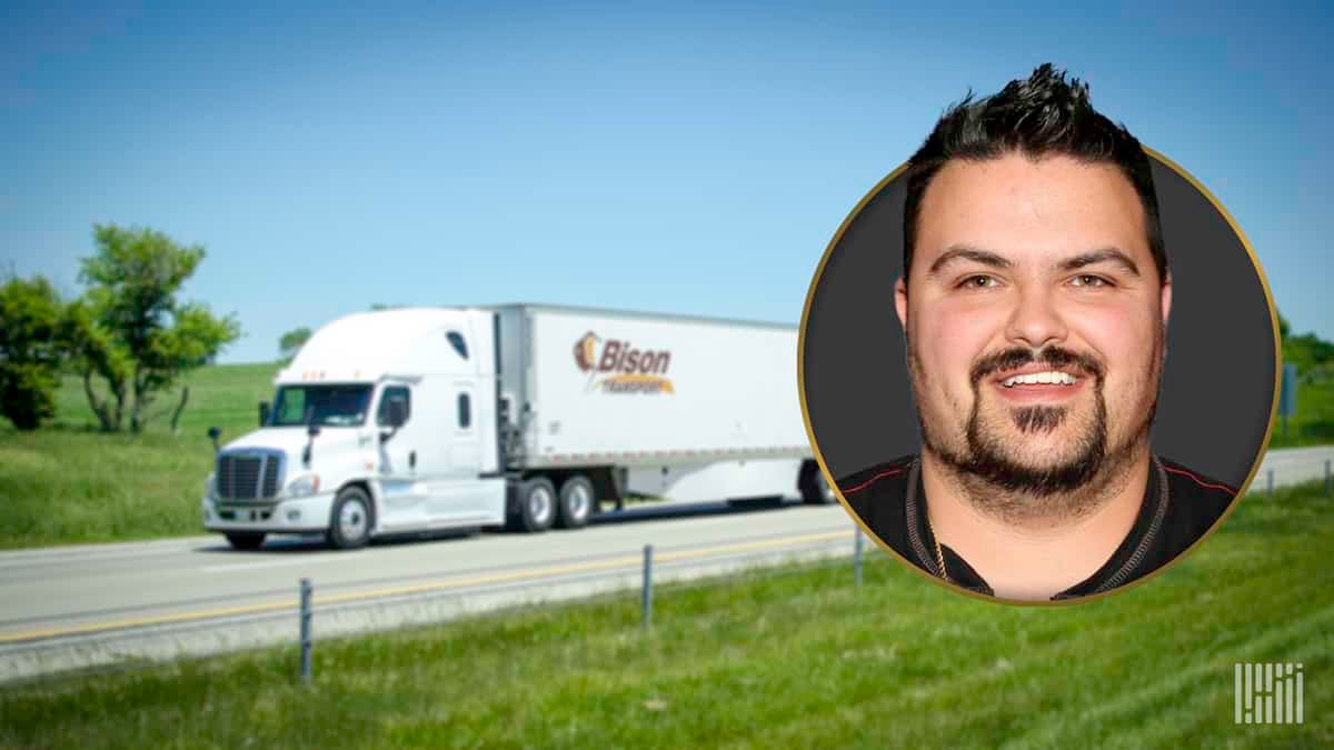 Composite photo of driver Bruno Raposo and a Bison Transport tractor-trailer.