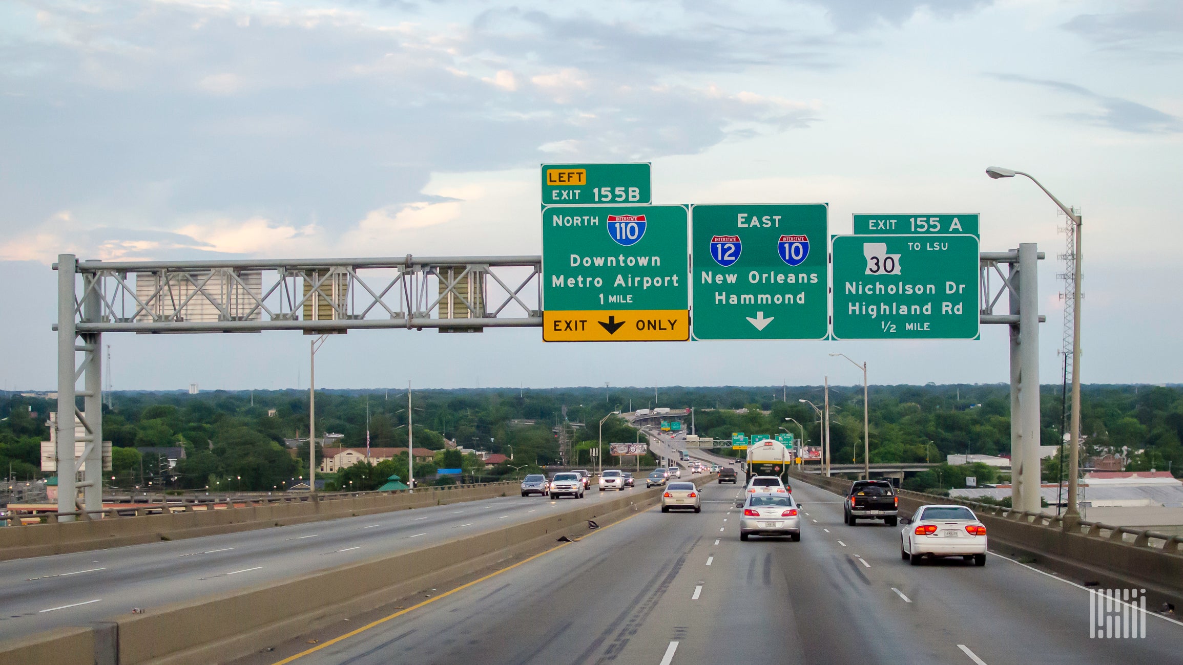 Cars and trucks on Interstate 10 in Baton Rouge, Louisiana.