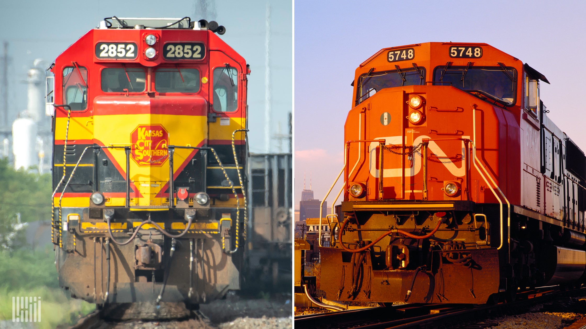 A composite image of two train locomotives.