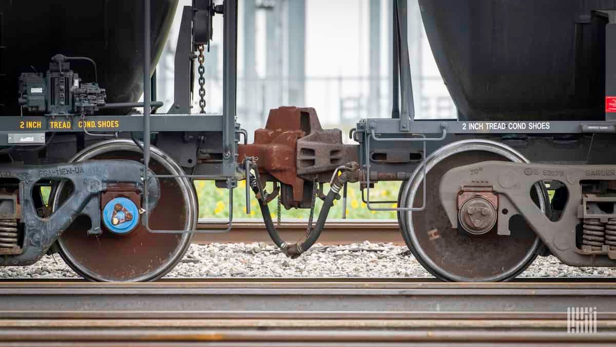 A photograph of freight railcar wheels.