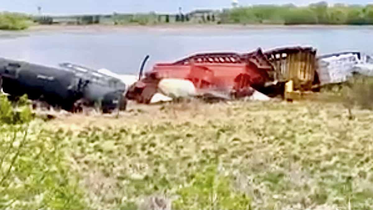 A still image form a video from the site of a 28-car Union Pacific train derailment.