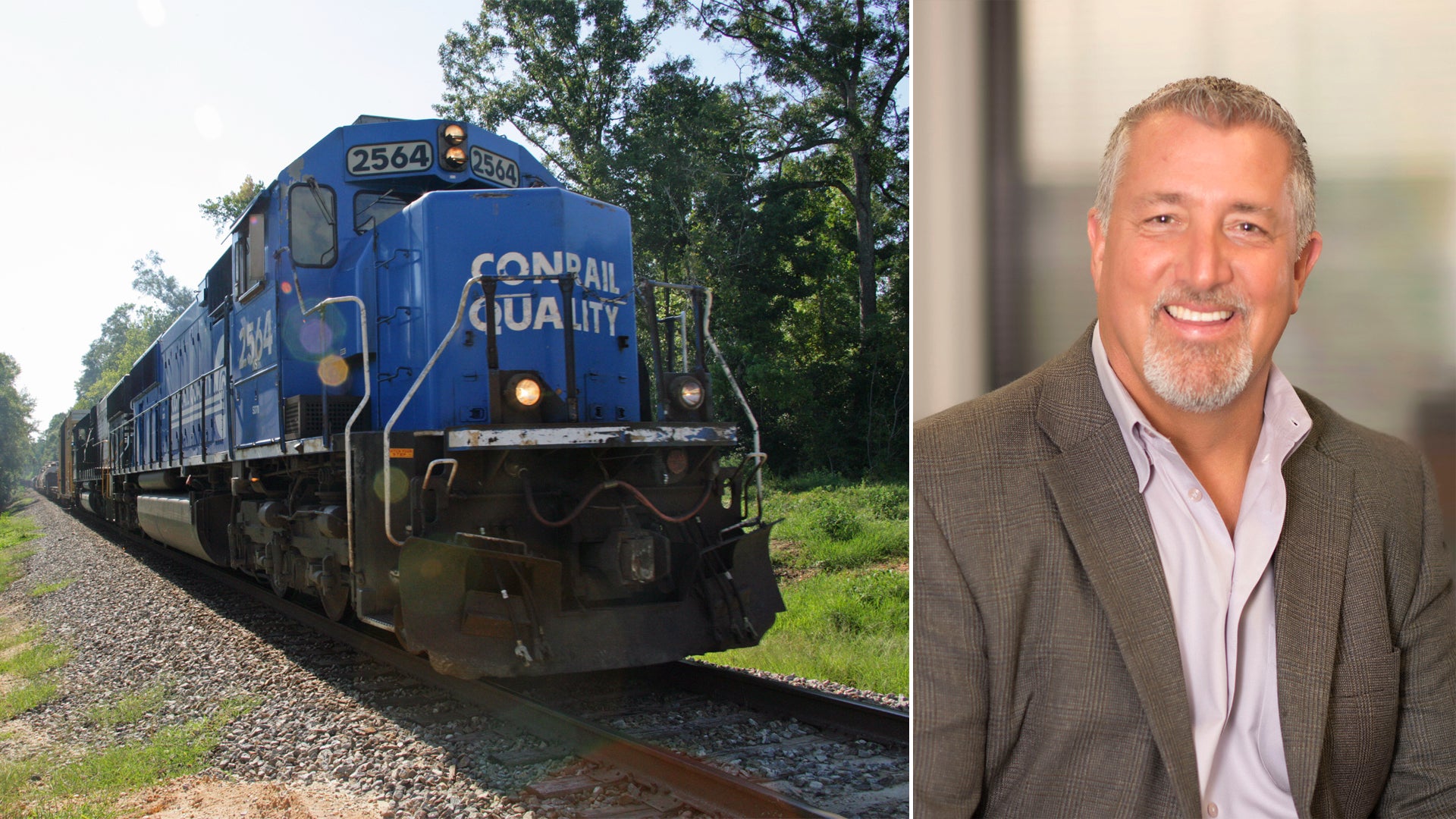 A composite image of two photographs. A Conrail train locomotive on the left and a man on the right.