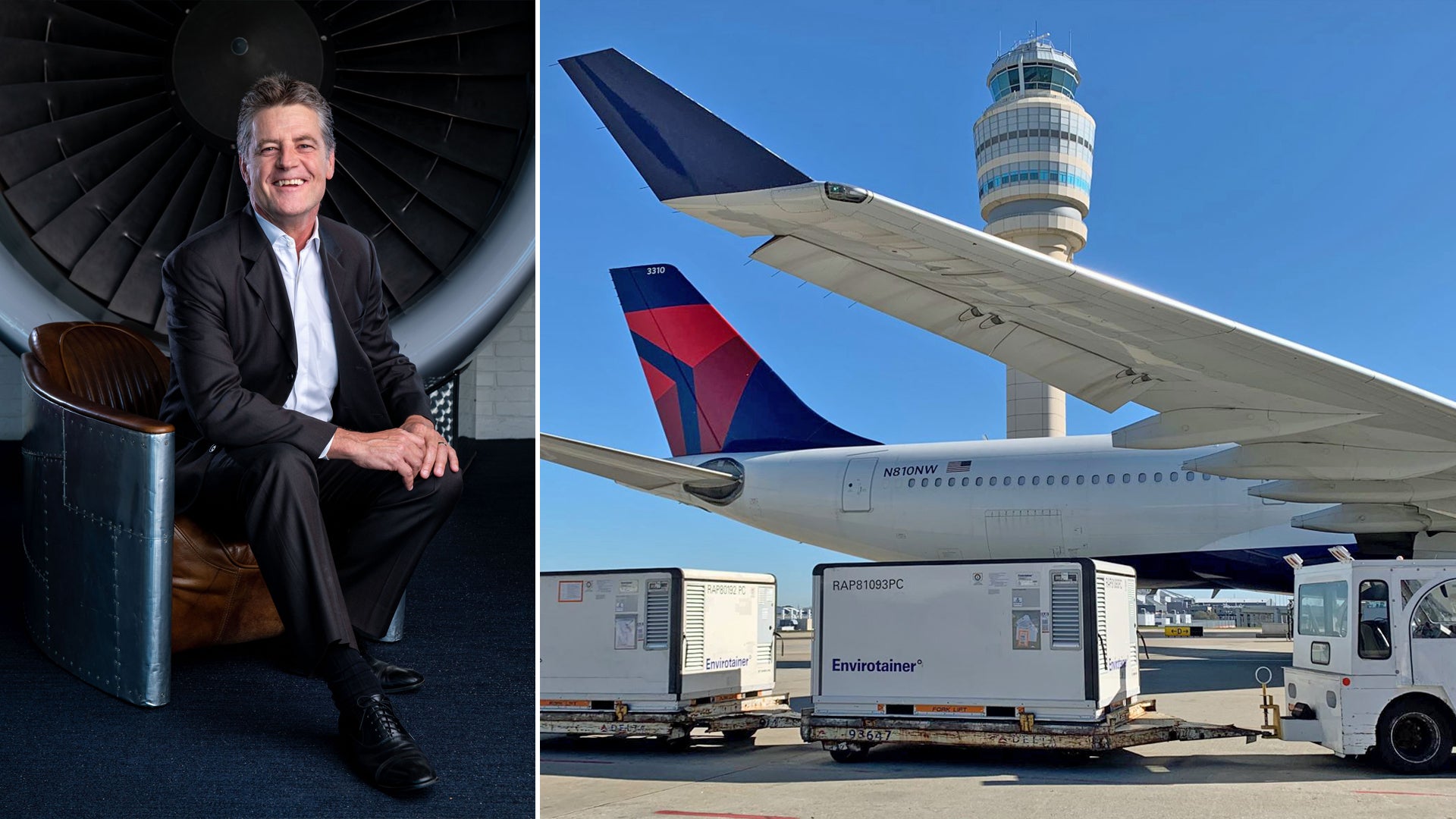 Refrigerated containers on the tarmac near the rear of a large white jet with a blue tail; split screen with a Delta executive on the other side.