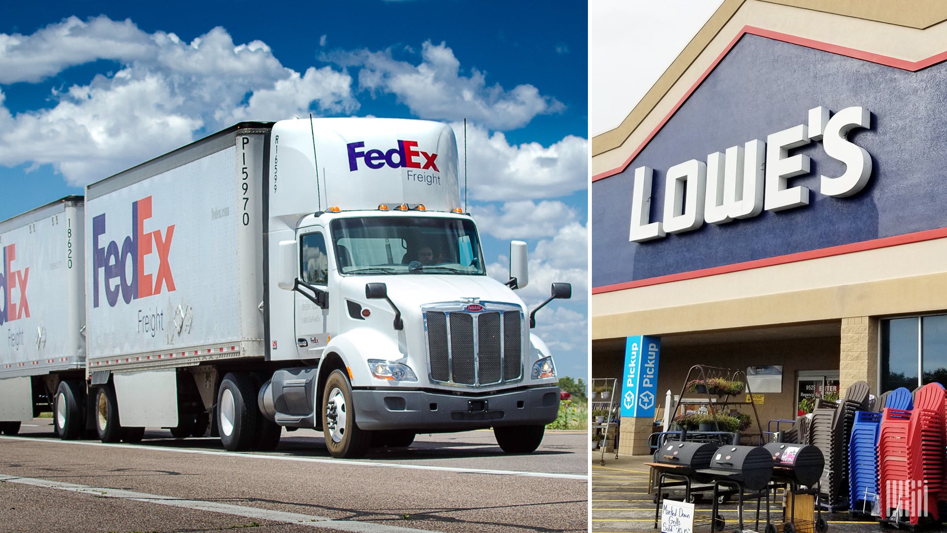 A FedEx tractor-trailer on left and a Lowe's store on the right.