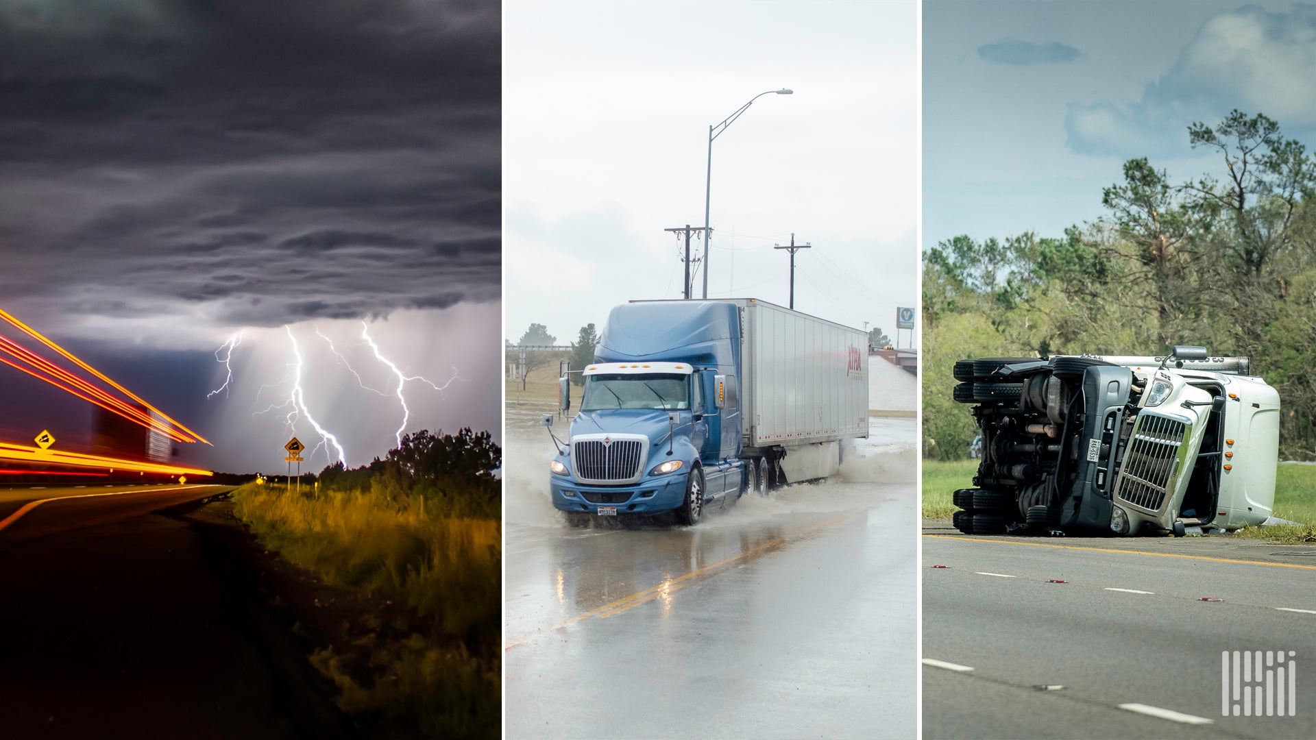 Collage of trucks in dramatic weather.