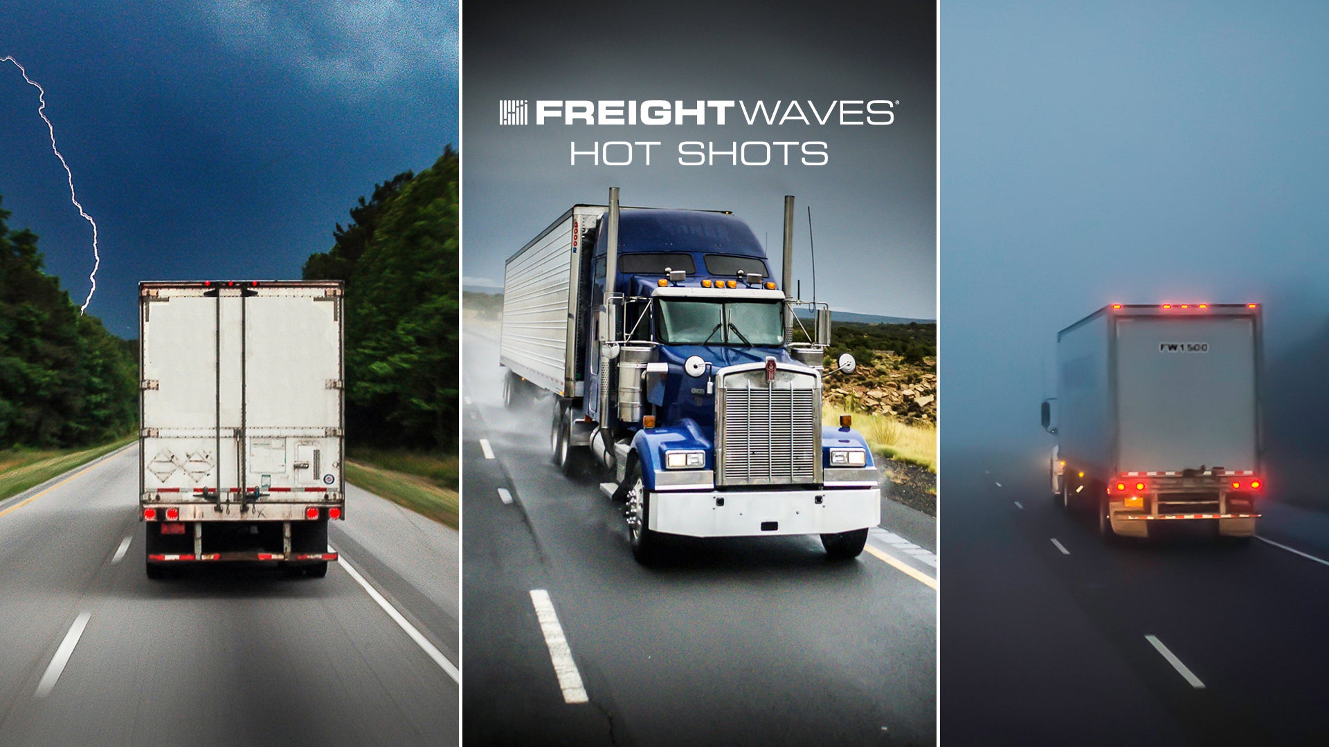 Montage of tractor-trailers in different kinds of weather.