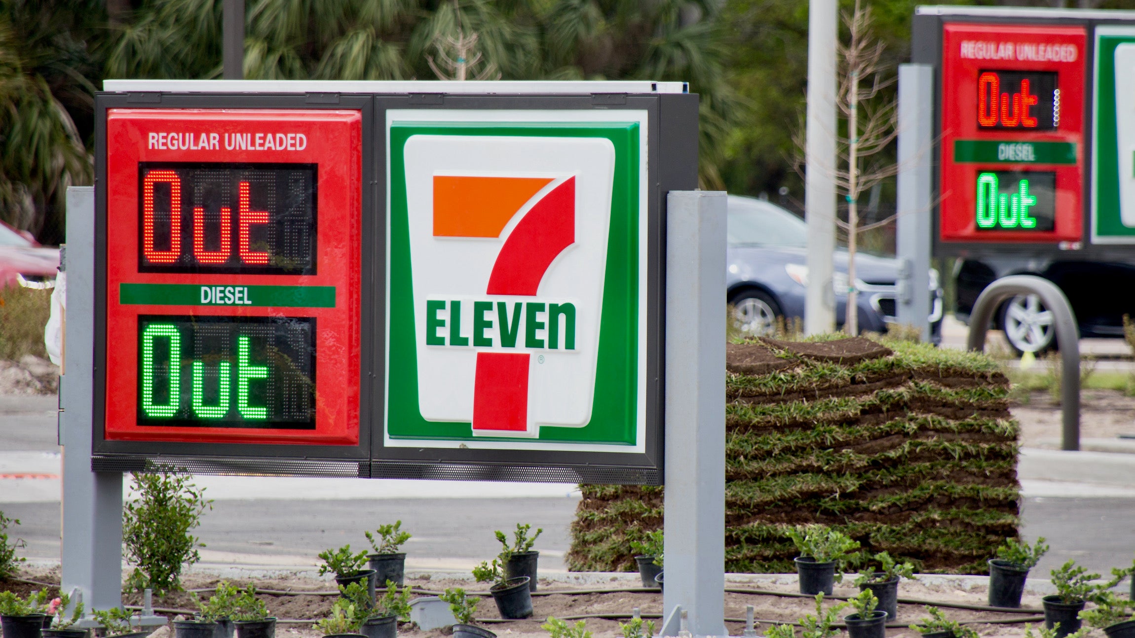 A gas station sign says "Out" because its tanks are empty. Amid the Colonial Pipeline Co. cyber attack and shutdown, the U.S. faces gasoline shortages and high gas prices.