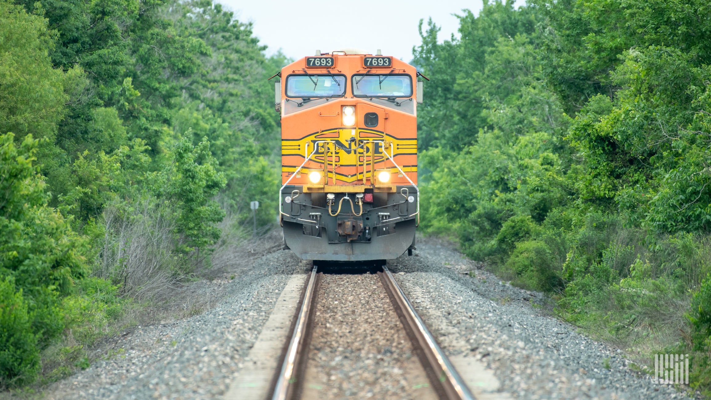 A photograph of a BNSF locomotive passing through a forest.