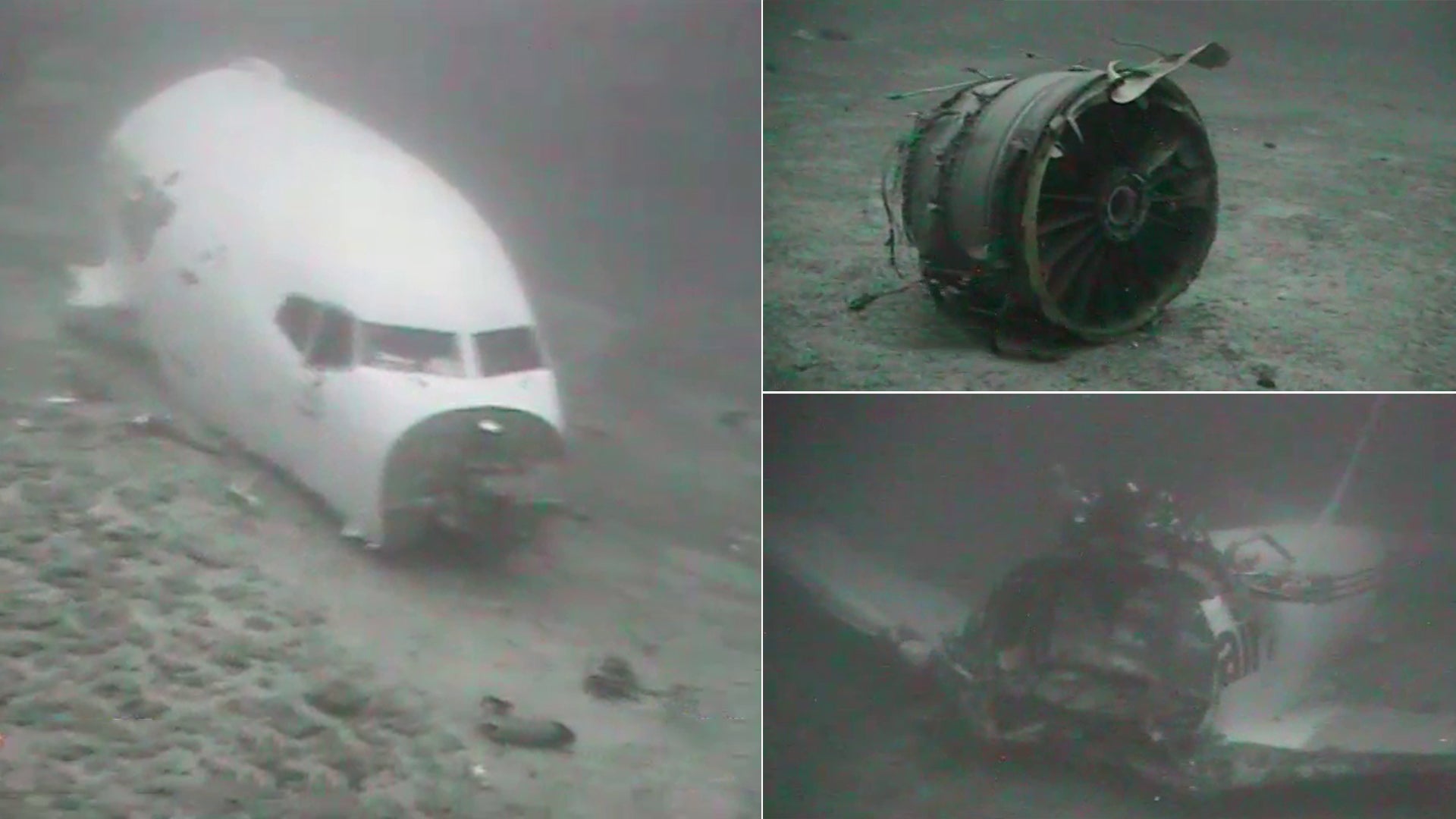 Images from NTSB of airliner fuselage at bottom of ocean, cracked up.