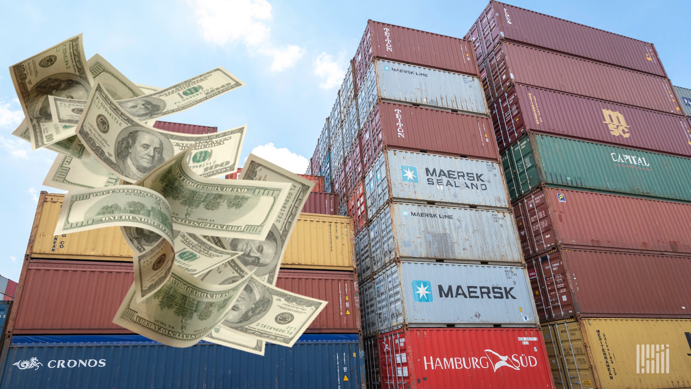 A stack of ocean freight containers with dollar bills added to image to show how expensive shipping has become.