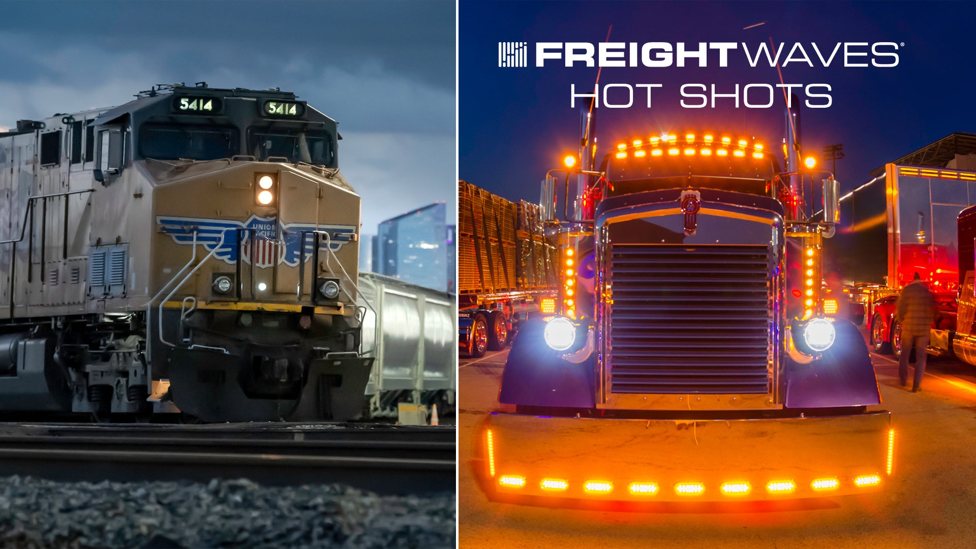 Montage of a Union Pacific train and alit up tractor-trailer, with the FreightWaves Hot Shots logo.