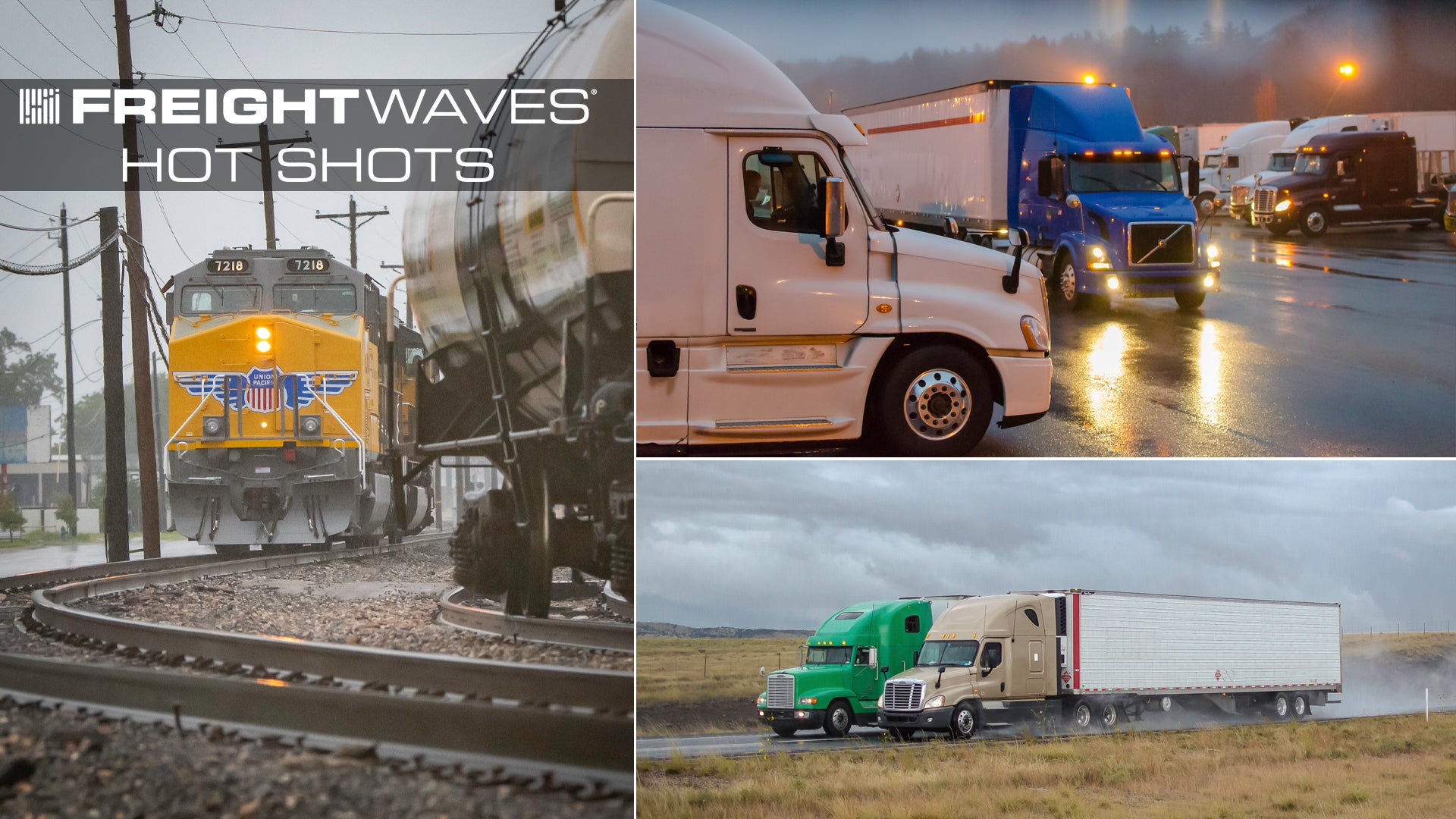 Montage of trucks and a train in wet weather.