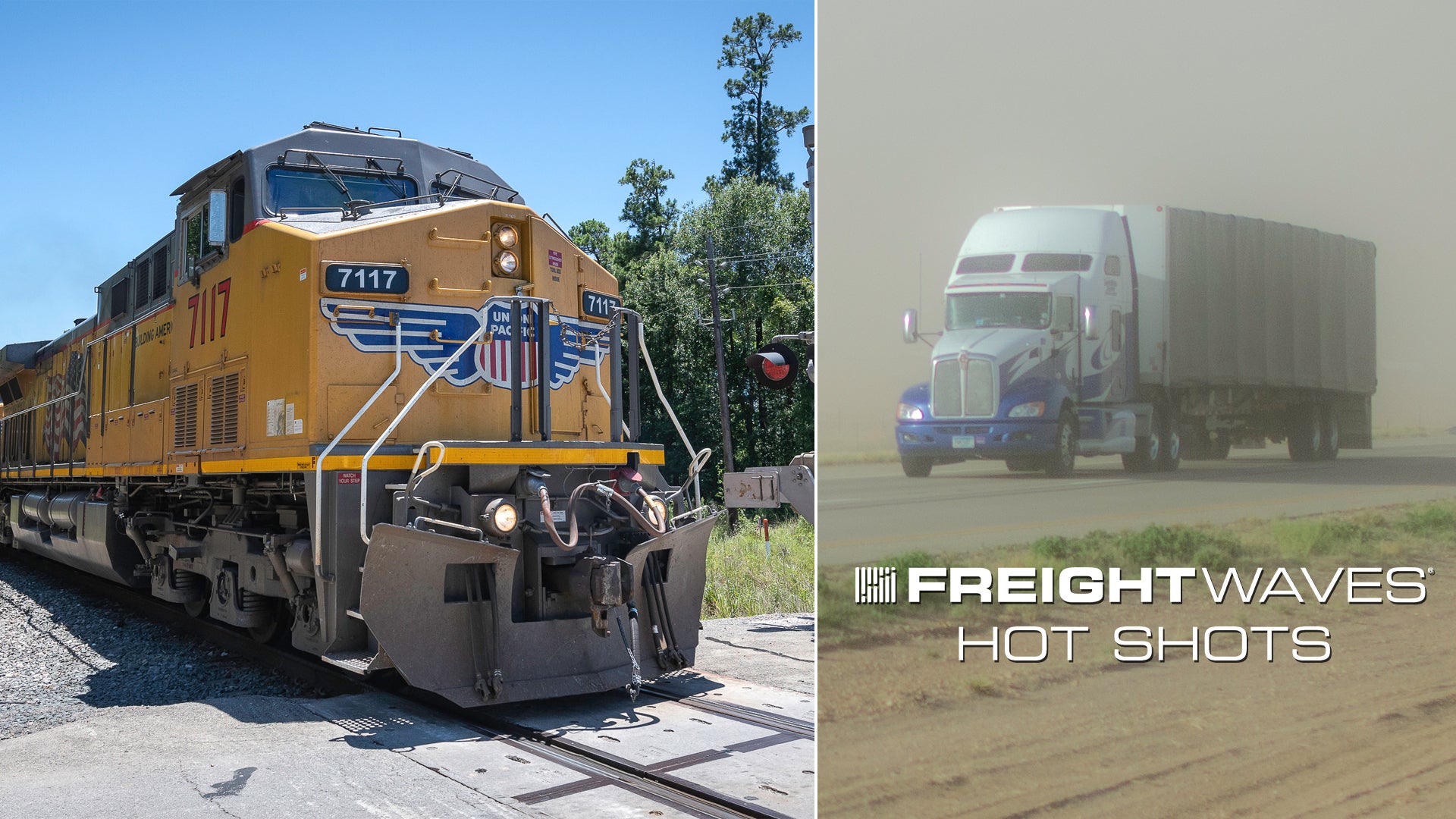 Montage of a train, along with a tractor-trailer driving through sand and dust.