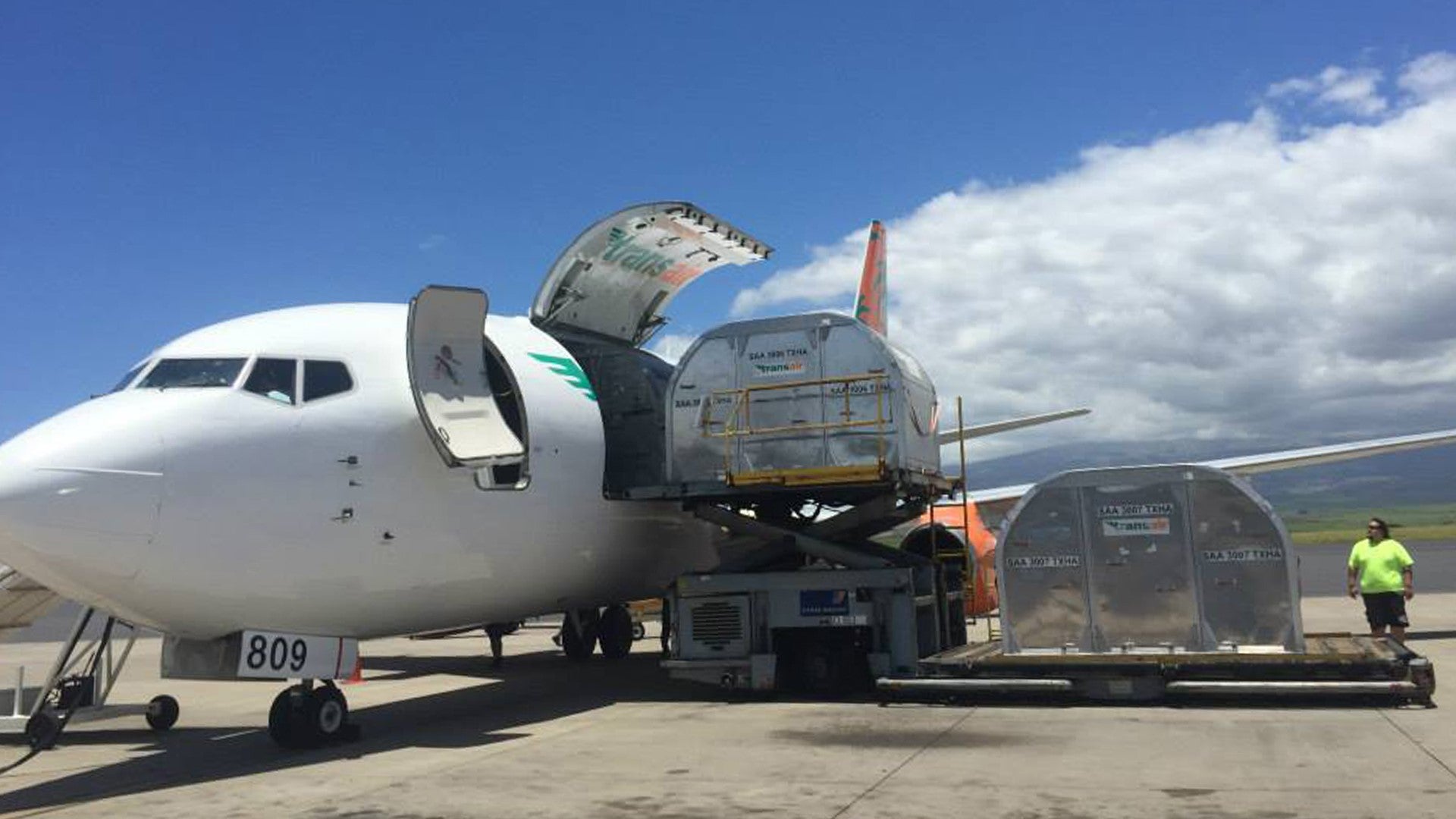 A Boeing 737 cargo plane getting a pallet loaded through front door on a sunny day.