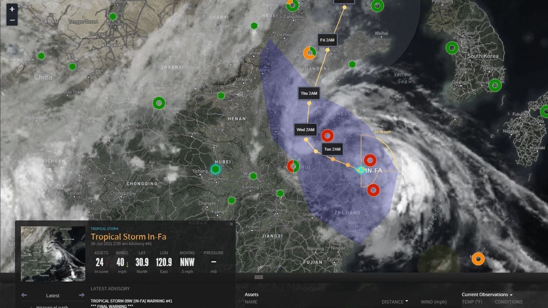 Weather map of typhoon making landfall in China.