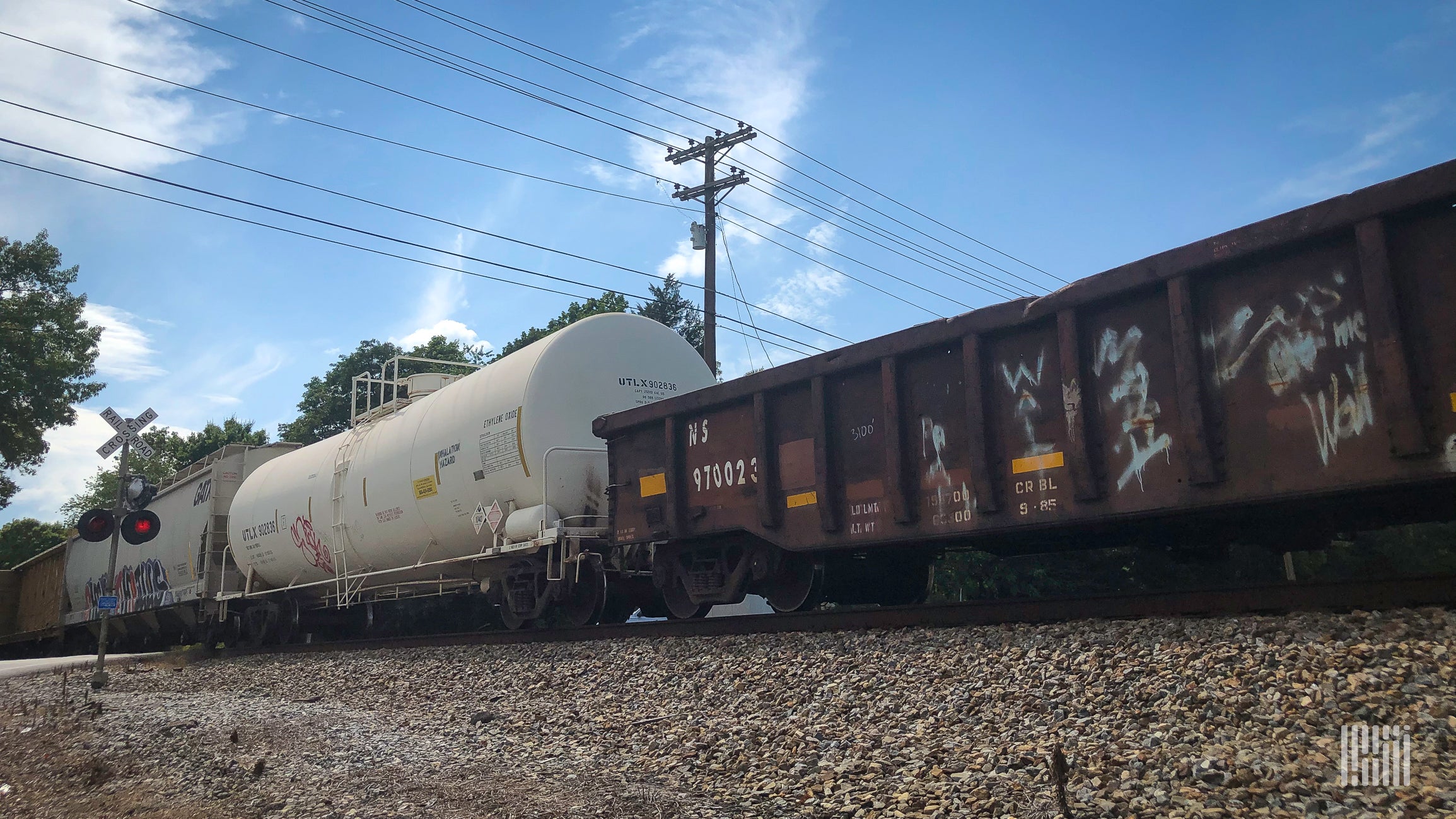 A photograph of a train passing through a rail crossing.