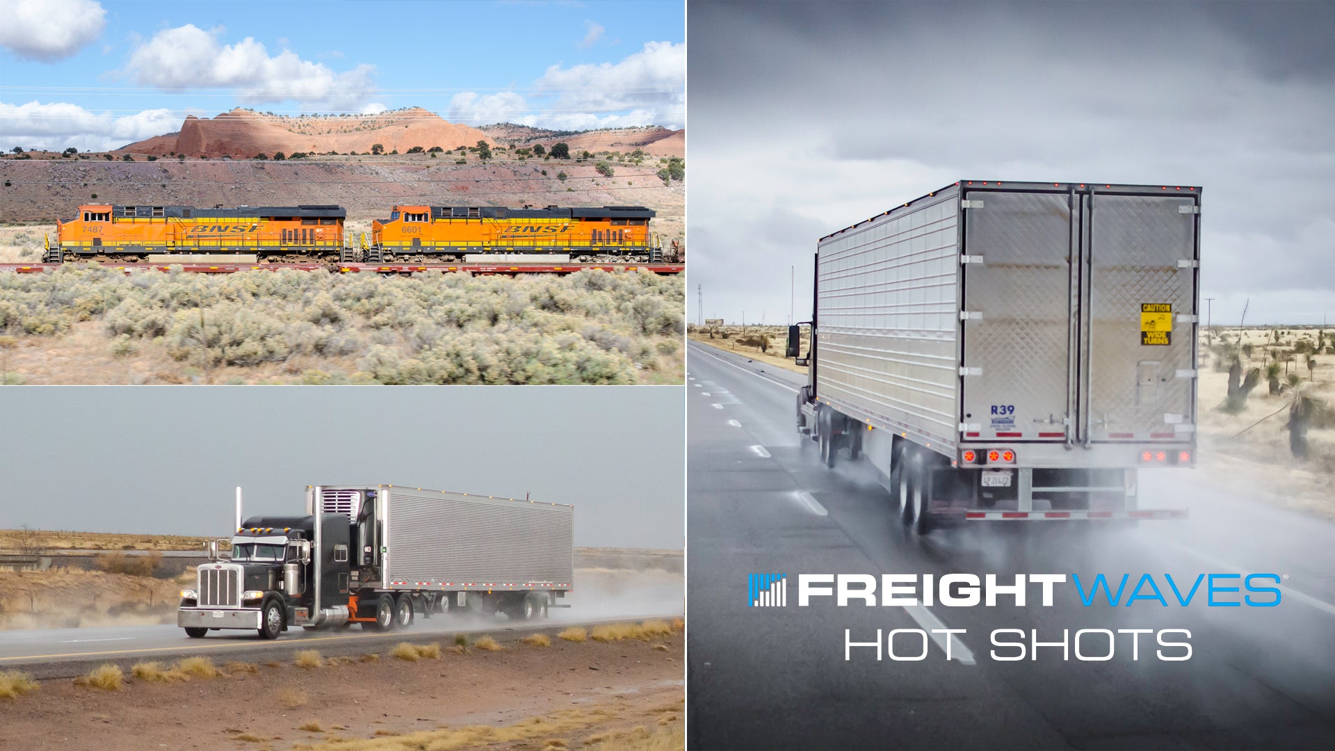 Photo montage of a BNSF train and tractor-trailers in rain.