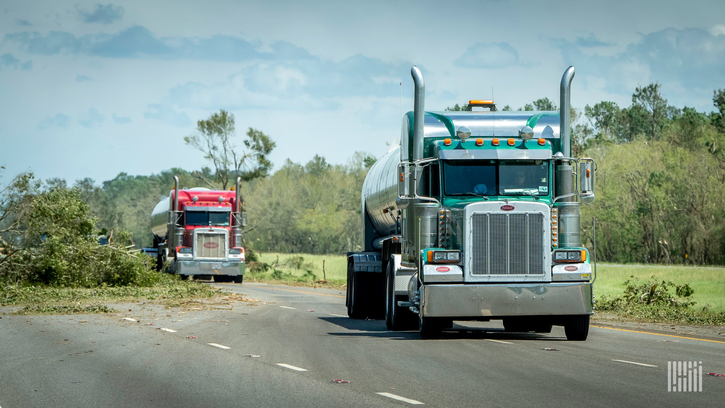 Tractor-trailers in areas damaged by Hurricane Laura.