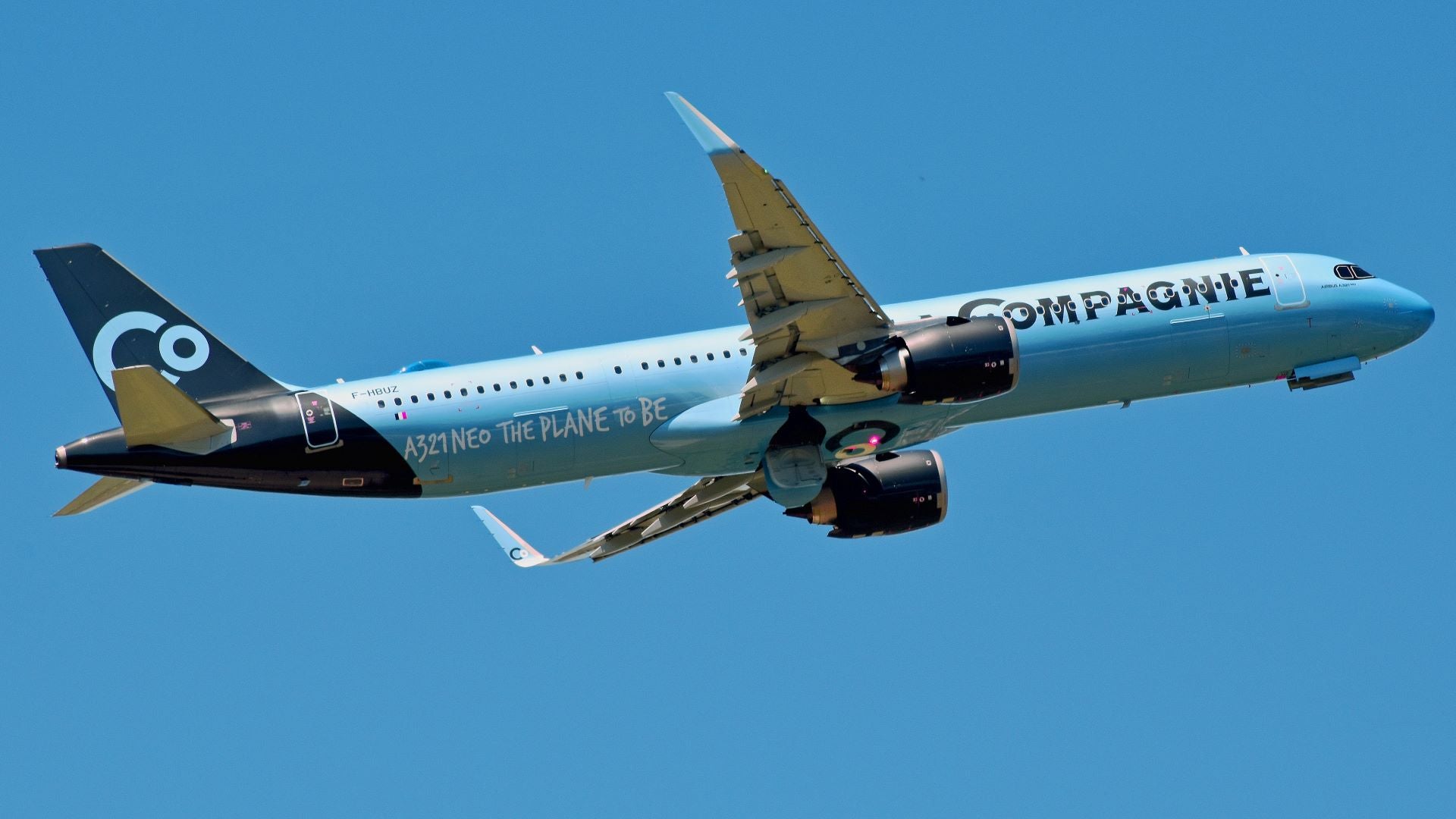 An anthracite and blue plane flies through a blue sky.