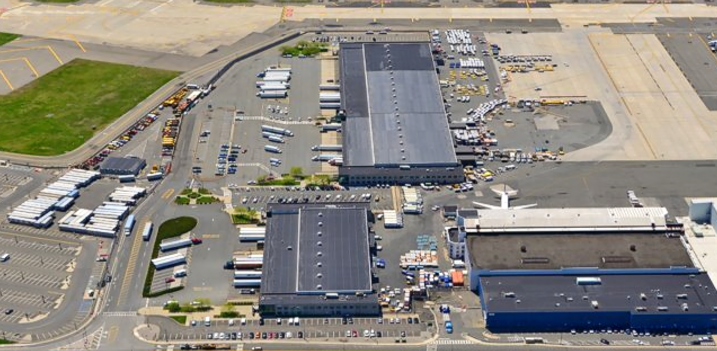 Overhead view of cargo terminals at Newark Liberty airport.