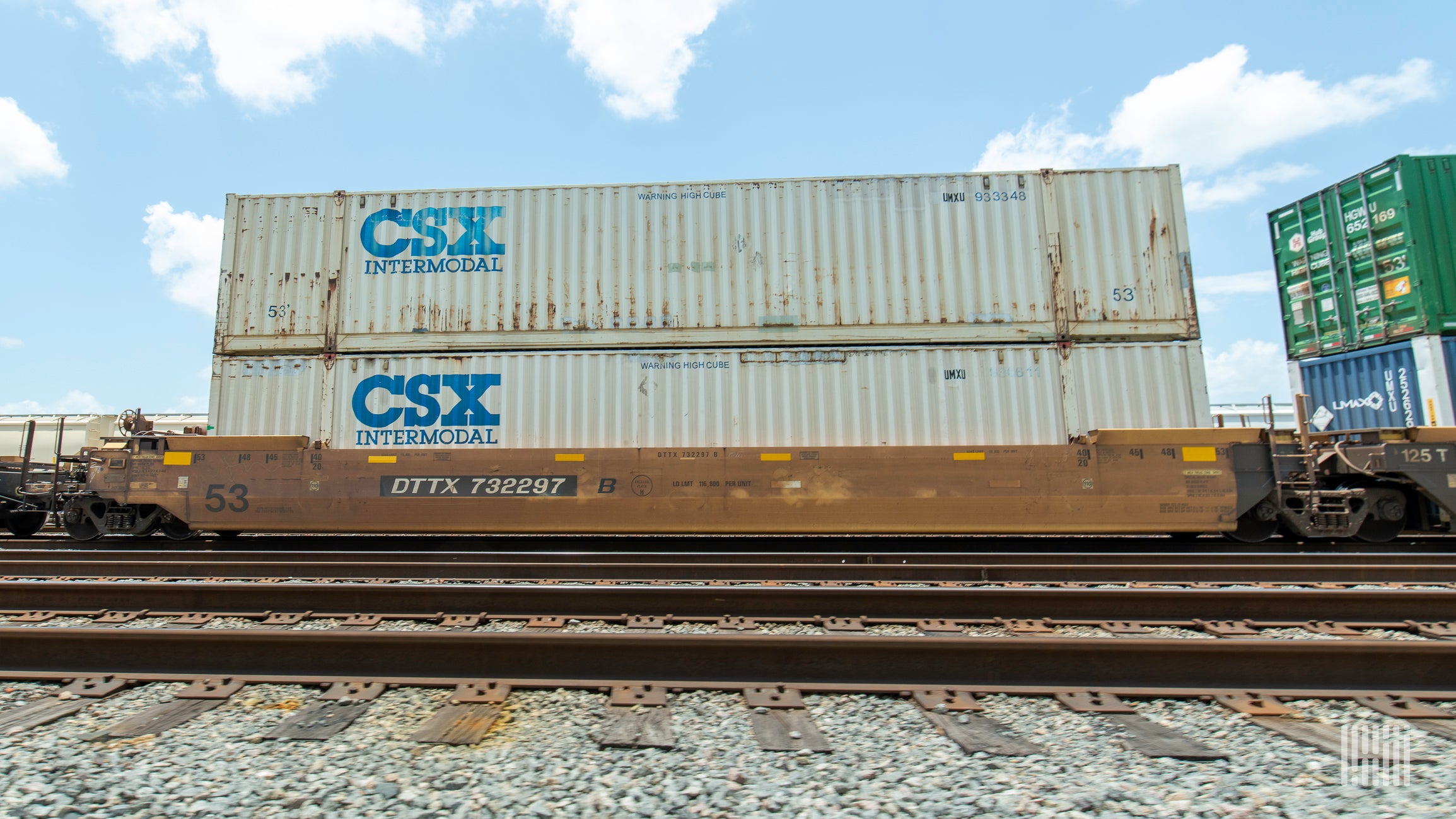 A photograph of intermodal containers on a train.