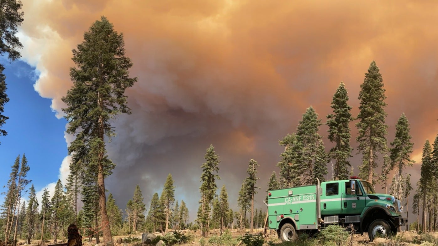 Thick smoke in a section of the Caldor fire in eastern California.