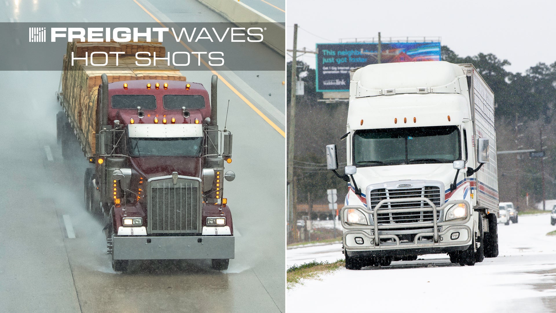 Montage of tractor-trailers in rain and snow.