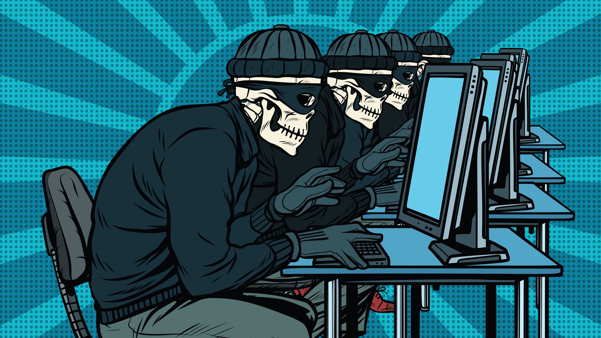 An illustration of four skeleton figures in front of computers representing hackers for an article about a ransomware attack