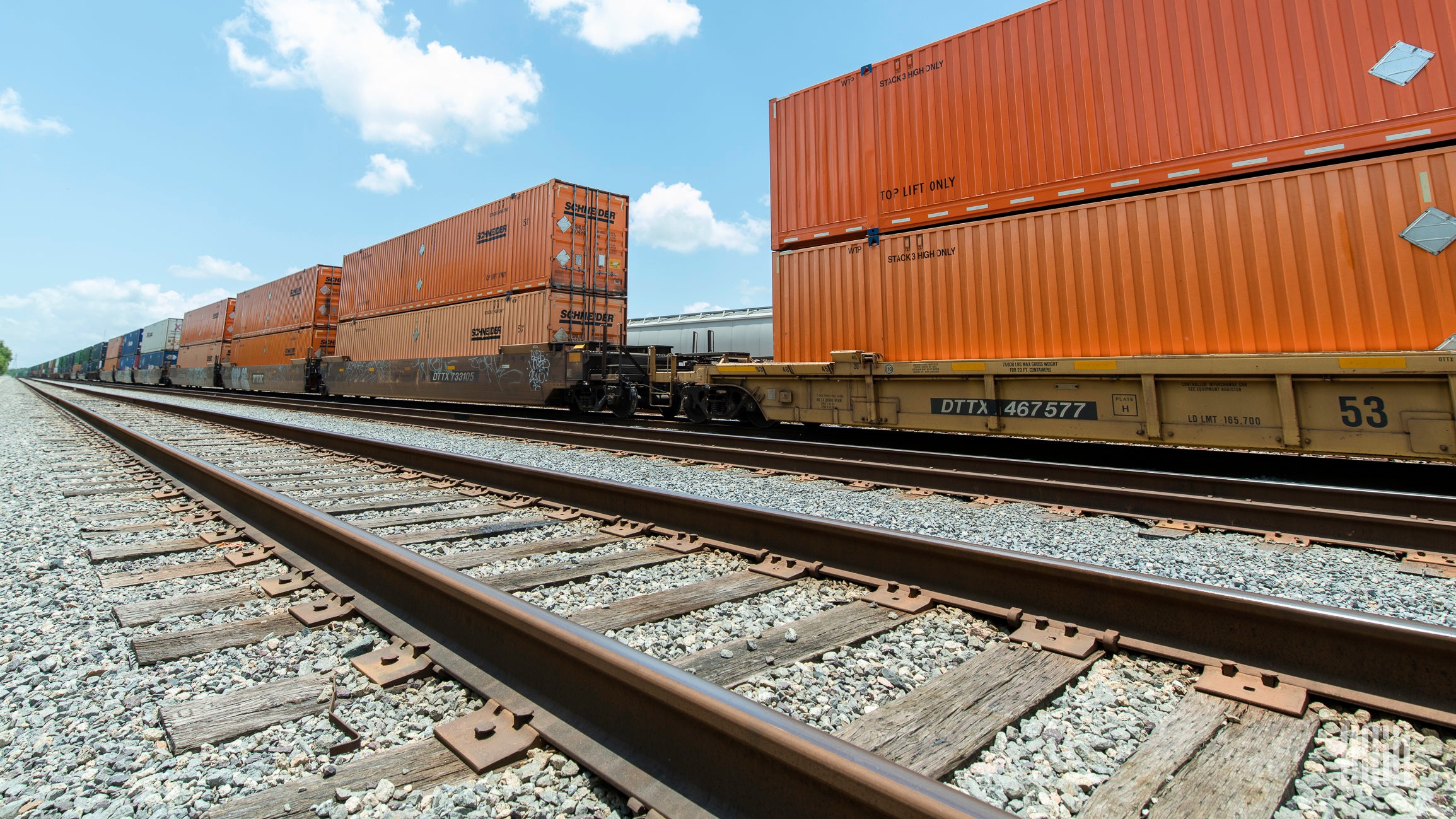 A photograph of intermodal containers on a rail track.