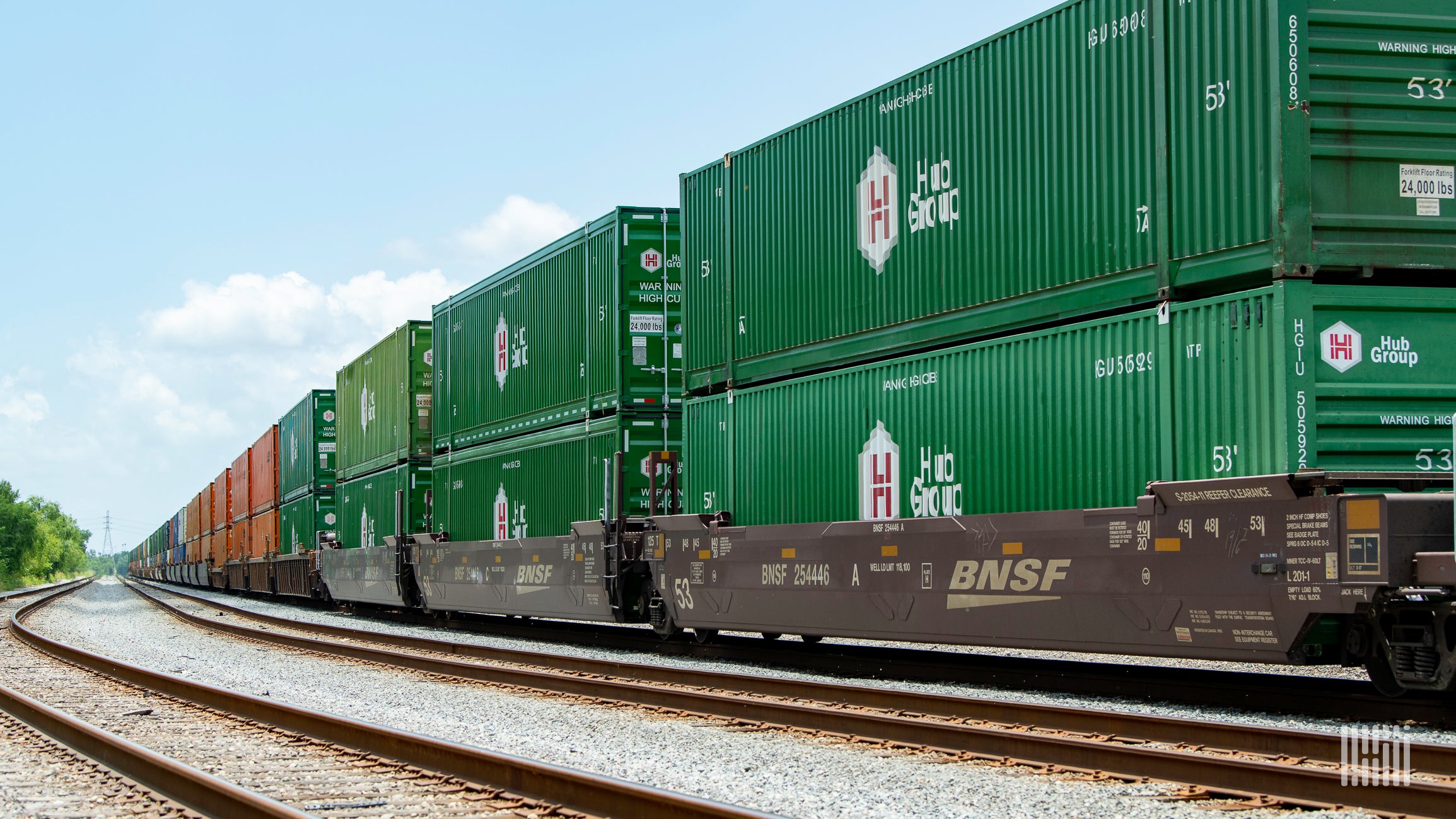 A photograph of a train hauling intermodal containers.