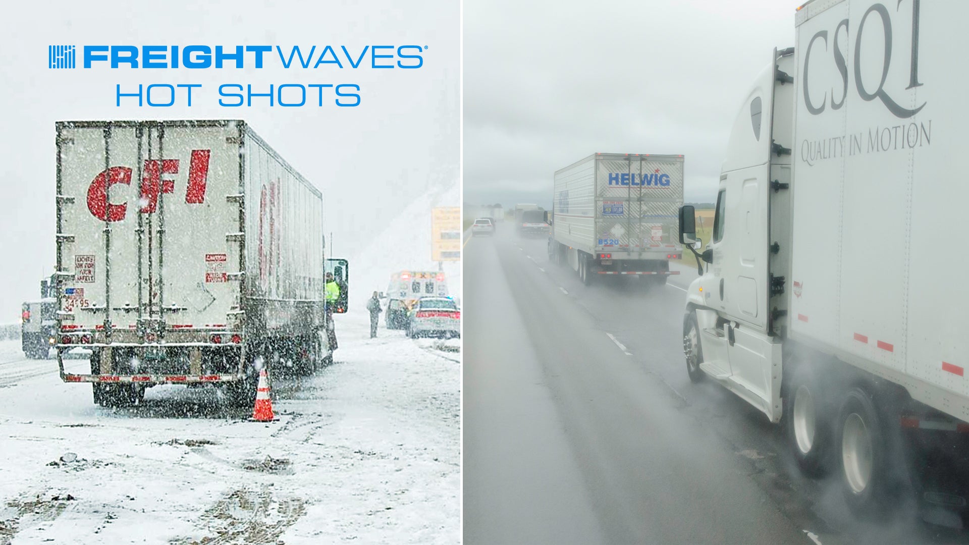 Montage of trucks in snow and rain.