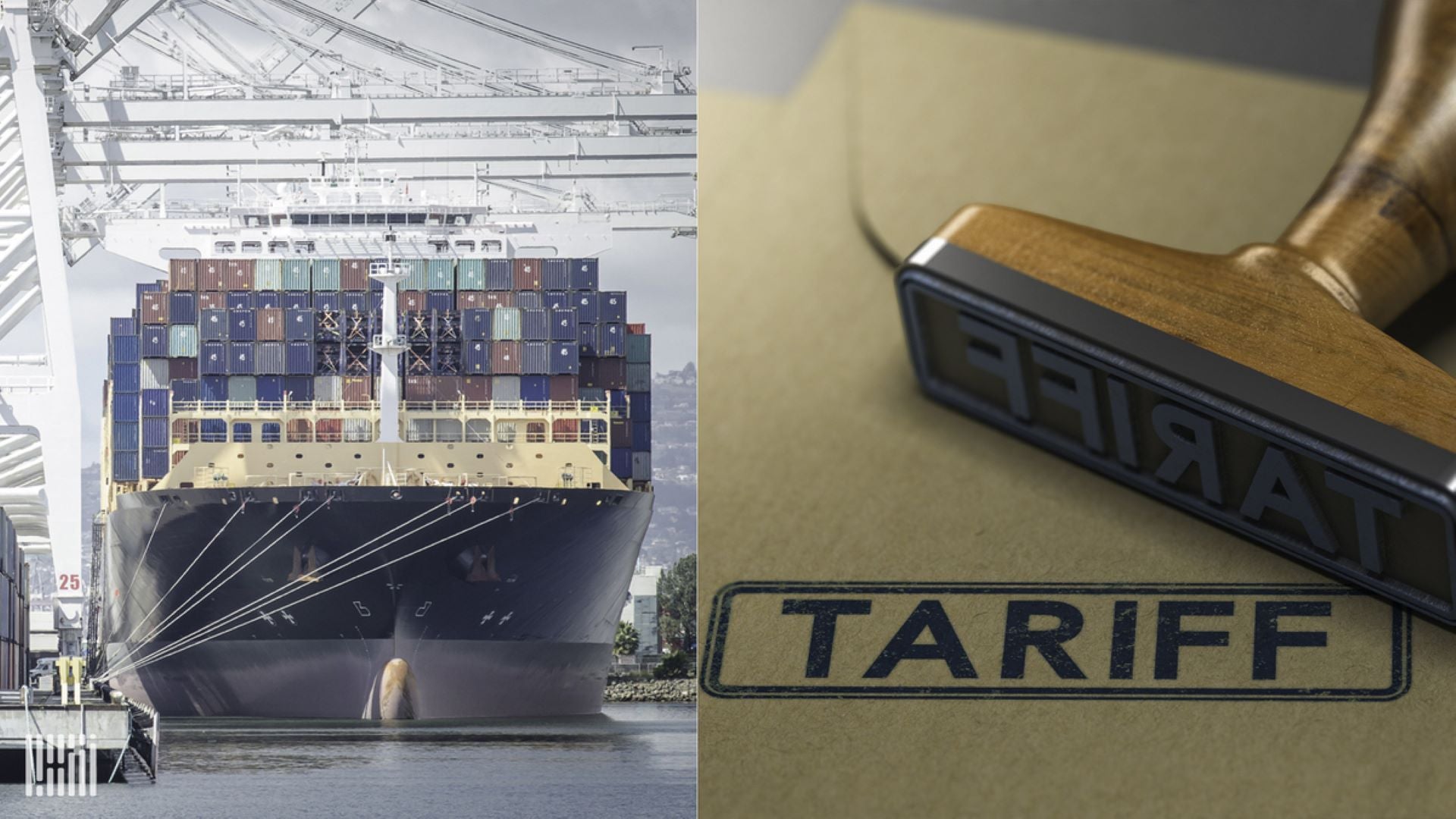 Two-sided photo with a large container vessel on the left and a tariff stamp on the right.