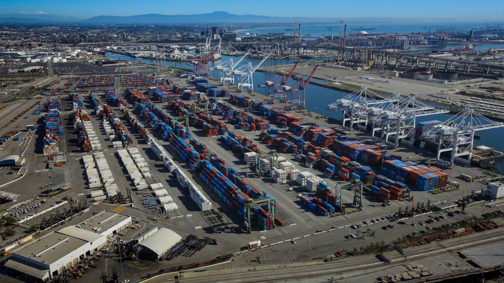 Aerial view of container terminal at the Port of Long Beach.