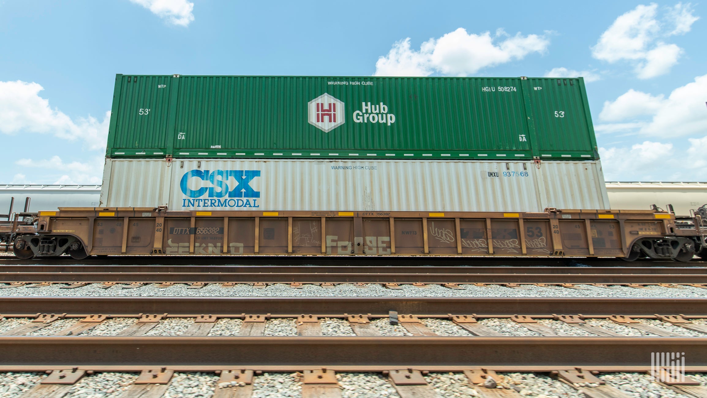 A photograph of a two intermodal containers stacked on top of a train.