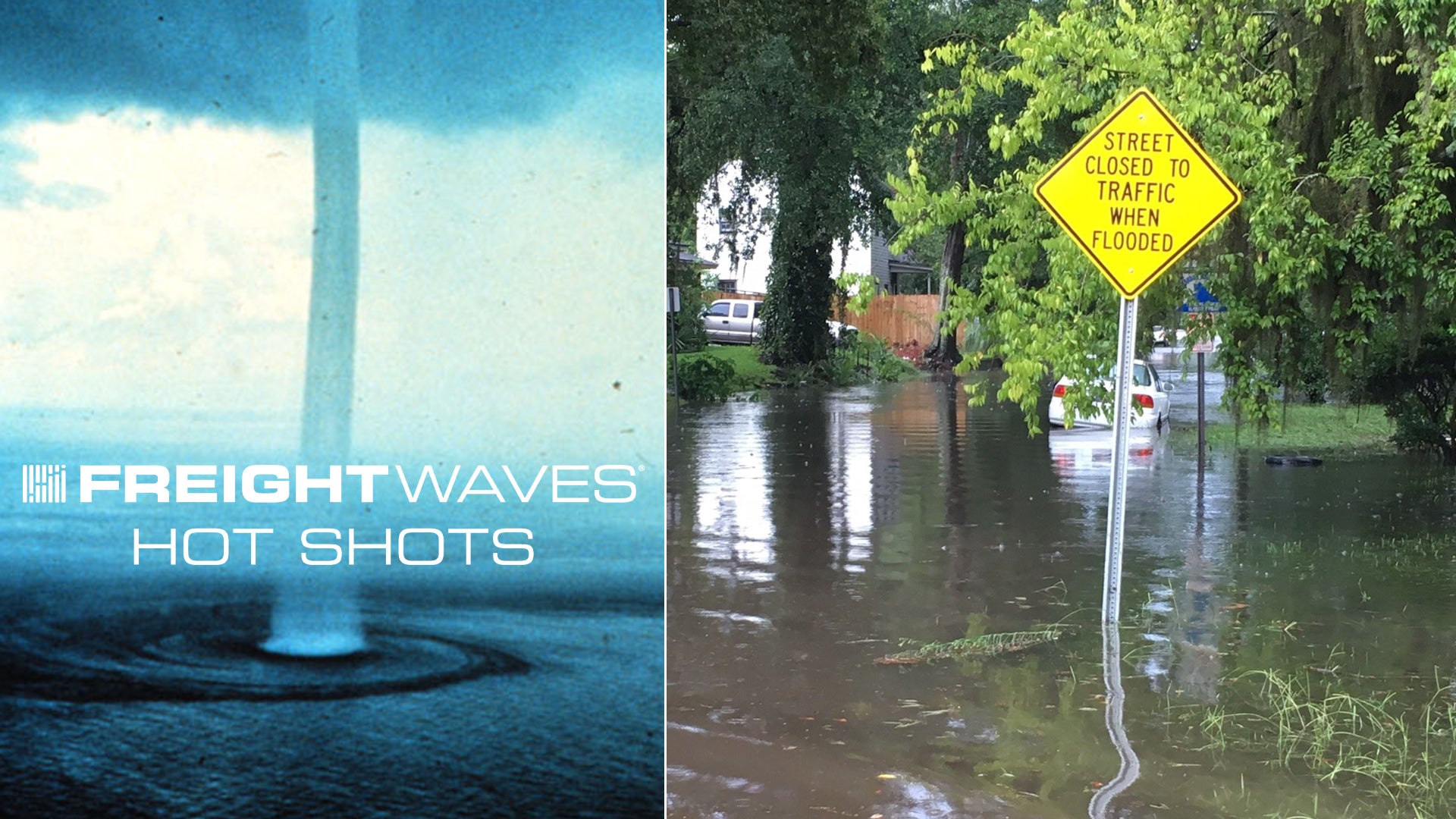 Photo montage of a waterspout and a flooded road.