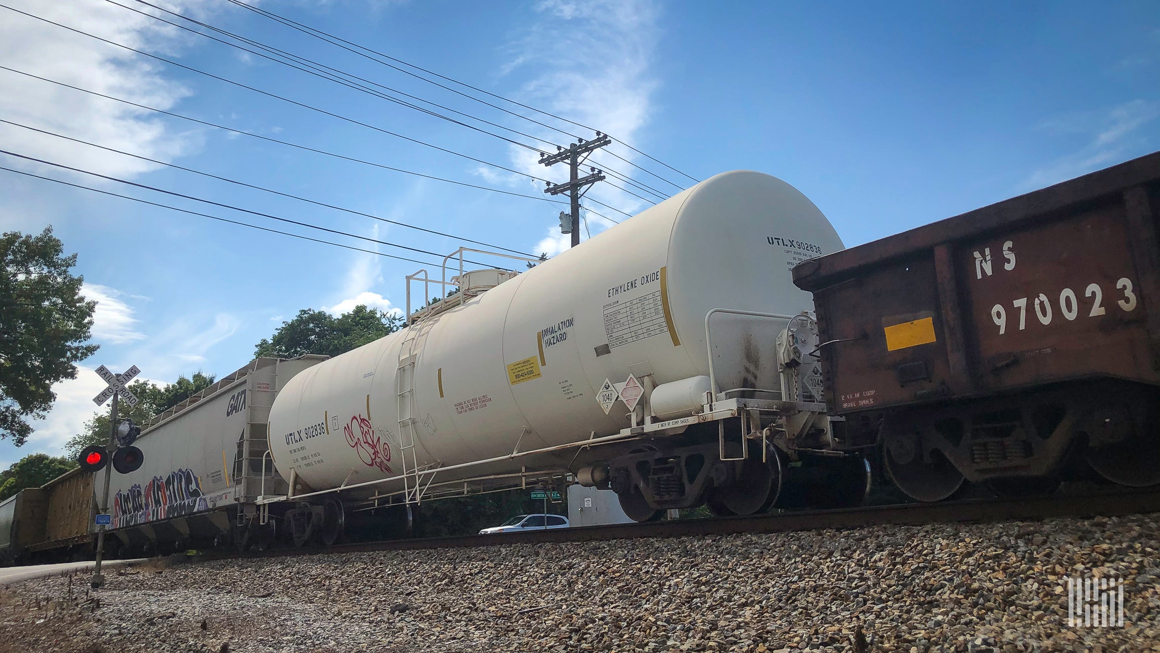 A photograph of a freight train at a rail crossing.