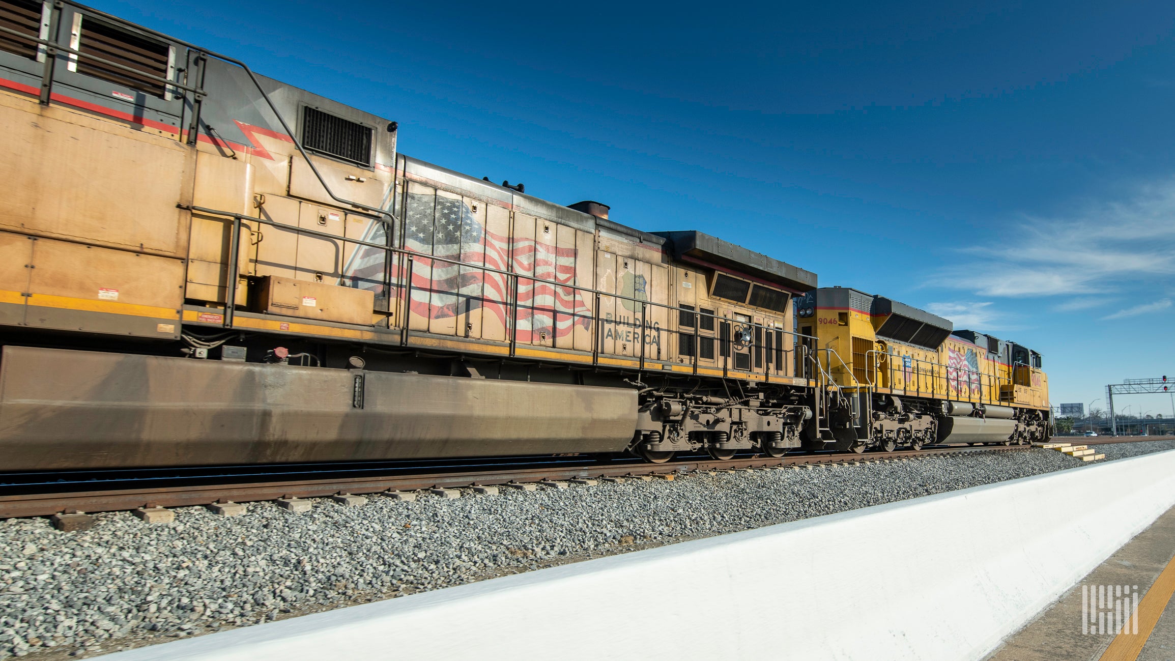 A photograph of two Union Pacific locomotives.