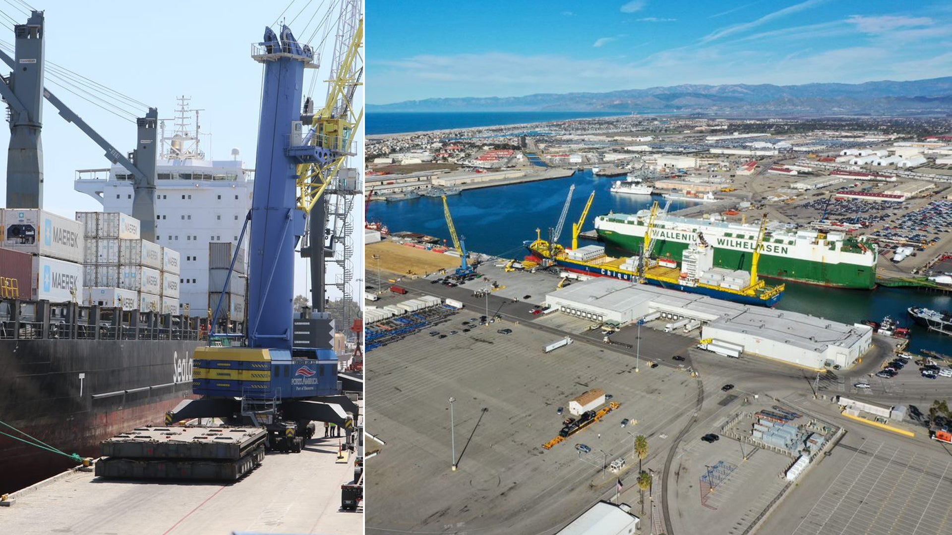 Split screen with a cargo vessel on the left and aerial shot of port on the right.