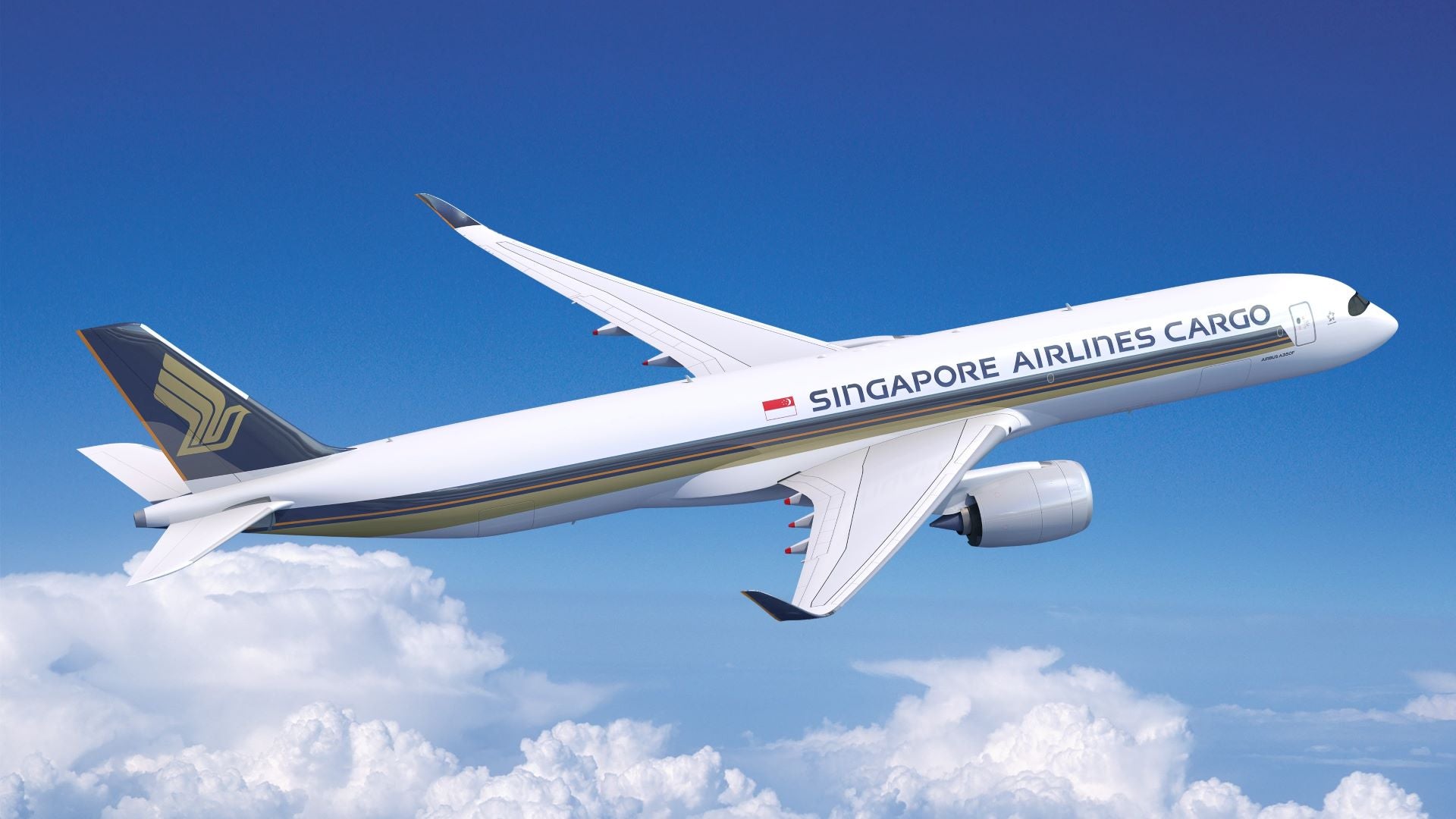 Rendering of a Singapore Airlines Cargo jet in blue sky.